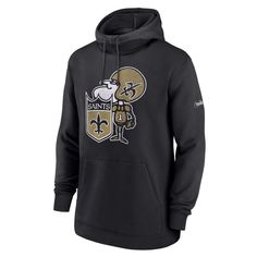 Layer up in true New Orleans Saints style by sporting this Nike pullover hoodie. It features distressed team graphics for a vintage feel. Plus, the blended fabric, midweight design and fleece lining work together to keep you cozy all day long. Officially licensed Hooded Machine wash, tumble dry low Pullover Imported Material: 82% Cotton/18% Polyester Long sleeve Scuba hood with drawstring Distressed screen print graphics Pullover Midweight hoodie suitable for moderate temperatures Front pouch po Black New Orleans, Saints Logo, New Orleans Saints Logo, Nike Pullover Hoodie, Nike Brown, Nike Classic, Nike Pullover, Club Logo, New Orleans Saints