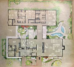 an aerial view of the floor plan for a house with swimming pool and hot tub