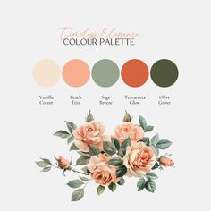 the color palette is peach, green and brown with roses on each one side in different shades