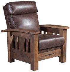 a brown leather recliner chair sitting on top of a wooden frame