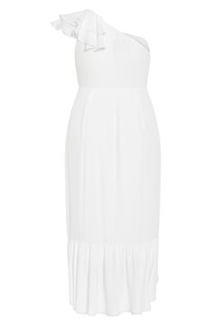 Decadent ruffles starting at the neckline cascade down to the twirl-worthy hemline of a figure-skimming maxi dress perfect for a night of dancing. 48" center front length (size Small/16W) Hidden side-zip closure One-shoulder neck Stretch lining 100% polyester Hand wash, dry flat Imported White Midi-length Elegant Ruffle Dress, Chic White Dress With Pleated Hem, Feminine White Dress With Pleated Hem, Chic White Midi Ruffle Dress, Elegant White Tiered Maxi Dress, Elegant White Ruffled Ruched Dress, Elegant White Ruched Ruffle Dress, White Maxi Dress With Ruffled Skirt, Chic Midi Dress With Ruffle Hem