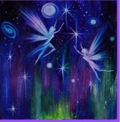 an acrylic painting of two tinkerbells flying in the night sky