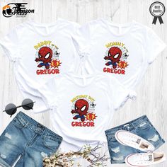 Spiderman Birthday Shirt - Celebrate with Superhero Style Custom Spiderman Party Attire Playful Graphic Print Tops For Father's Day, Fun Cartoon Print Tops For First Birthday, Fun Graphic Print Tops For Family Events, Fun Character Print T-shirt For Father's Day, Fun Character Print Shirt For Fans, Fun Birthday Shirt For Father's Day, Superhero Graphic Print Tops For Birthday, Funny Character Print Tops For Father's Day, Family Matching Shirt With Character Print For Birthday