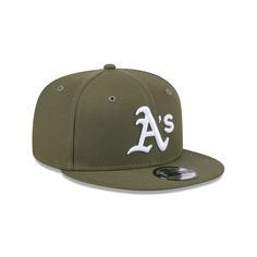 the oakland angels'new era 59fifty cap is olive green and white