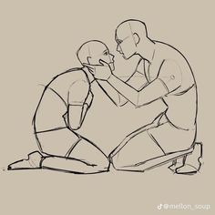 a drawing of two people sitting on the ground, one holding his face to another's mouth