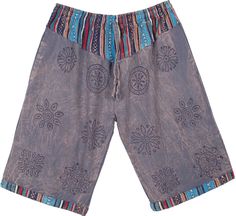 Straight fit casual dark grey long shorts in washed cotton fabric for summer featuring two deep side pockets and beautiful block print on front and back with minimal symbols.  These comfortable shorts are unisex and come with an adjustable elastic waist that goes from 28 to 40 inches. #tlb #Pocket #vacationclothing #beachwrap #bohemianfashion #UnisexBohoShorts #Grayboholongshorts Bohemian Cotton Shorts With Relaxed Fit, Hippie Cotton Short Bottoms, Casual Cotton Shorts For Festival, Bohemian Gray Bottoms For Summer, Blue Cotton Festival Shorts, Minimal Symbols, Bridesmaids Outfits, Beach Bohemian, Beige Blouse