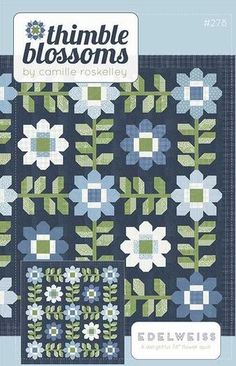 the book cover for thimble blossoms by connie reskieley, featuring blue and green flowers