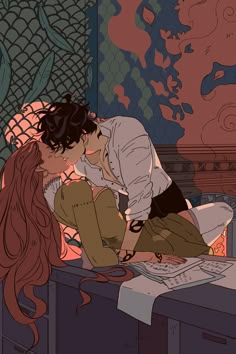 a man and woman kissing in front of a fire place with books on the floor