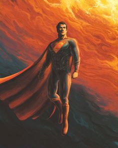 a painting of a man dressed as superman in front of an orange and yellow sky