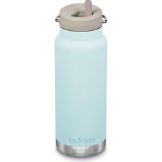 a blue water bottle with a straw sticking out of it's top and lid