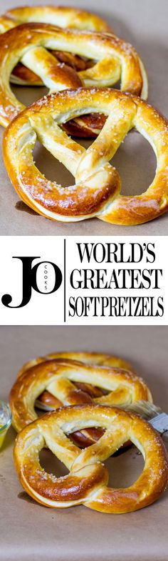 two images show different types of pretzels with the words world's greatest soft pretzels