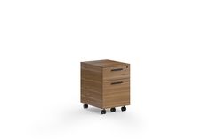 a wooden cabinet sitting on wheels against a white background