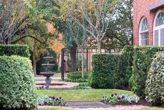 a garden with bushes and flowers in front of a brick building