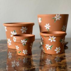 three clay flower pots sitting on top of a wooden table with white flowers painted on them