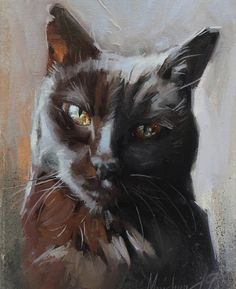 a painting of a black cat with yellow eyes and brown fur on it's head