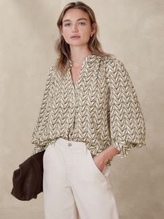 Volume-Sleeve Blouse | Banana Republic Factory Chic Collared Tops With Gathered Sleeves, V-neck Blouse With Pleated Sleeves, Chic Collared Blouse With Gathered Sleeves, Elegant Collared Blouse With Gathered Sleeves, Chic Split Neck Blouse For Daywear, Chic Tops With Blouson Sleeves And Split Neck, Fall Blouse With Blouson Sleeves And Split Neck, Split Neck Blouse With Button Closure, V-neck Blouse With Smocked Cuffs For Daywear