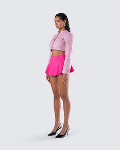 Live out your Elle Woods fantasy in this preppy and polished two-piece set 😏 Pairing a pink tweed cropped jacket with a pink ruffle tiered skort - this fit is for our babes who are ready to get down to business in the cutest possible way 💕 Chic Pink Cropped Jacket For Spring, Pink Fitted Long Sleeve Cropped Jacket, Pink Fitted Cropped Jacket With Long Sleeves, Fitted Cropped Jacket In Pink, Fitted Pink Cropped Jacket With Long Sleeves, Fitted Pink Long Sleeve Cropped Jacket, Chic Pink Fitted Cropped Jacket, Elegant Pink Fitted Cropped Jacket, Spring Pink Cropped Jacket For Work