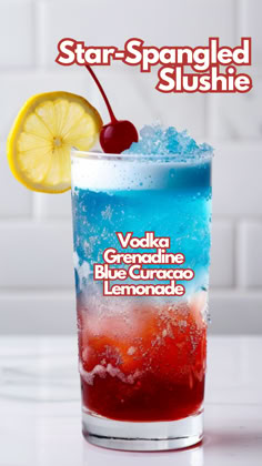 a blue curacao lemonade cocktail with a cherry on the rim and a star - spangled slushie