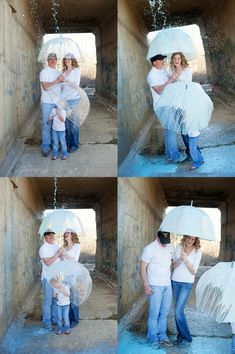 four different pictures of a man and woman holding an umbrella