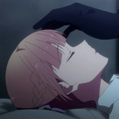 an anime character laying down with her head on the back of someone's shoulder