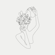 a line drawing of a woman with flowers in her hair, holding a flower bouquet