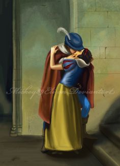 a painting of a woman hugging a man in a blue hat and yellow dress with a red cape