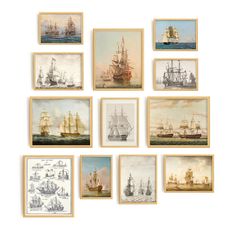 a group of nine framed paintings of ships