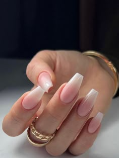 Grad Nail Ideas White, Summer Ballerina Nails, Minimalist Nails Summer 2024, Pink And White Ombre Nails Ballerina, Medium Coffin French Tip Nails, Nails Acrylic Ballerina, Ballerina French Tip Nails, French Nails Ballerina, Ongles Beiges