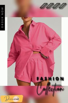 Long Sleeve Loose Shirt Tops Casual Shorts Suit Pink Long Sleeve Sets For Day Out, Spring Solid Color Collared Sets, Flat Pant, Loose Shirt, Tops Casual, Loose Shirts, Turndown Collar, Short Suit, Fashion Flats