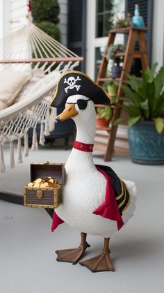 a white duck with a pirate hat and eye patch holding a box of gold coins