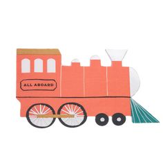 an image of a paper train with wheels on the front and side, that says all aboard