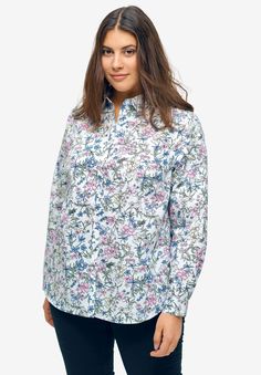 Emma Button-Down Shirt by ellos® Plus Size Button Down Shirt, Classic Light Indigo Button-up Tops, Medium Wash Chambray Button-up Blouse, Shirt With Collar, Button-up Rayon Shirt With Button Closure, Affordable Light Indigo Button-up Shirt, Cheap Light Indigo Button-up Shirt, Hem Style, Floral Stripe