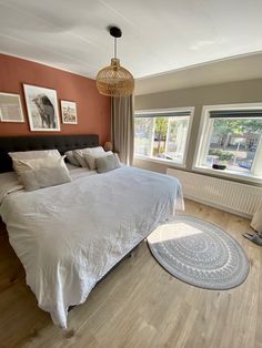 a large bed sitting in the middle of a bedroom next to two windows and a rug on the floor