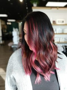 Brown Hair With Dark Pink Highlights, Pink Balayage Dark Hair, Brunette Hair With Pink, Balayage Pink Hair Brunettes, Dark Brown Hair With Pink Balayage, Pink Hair For Brunettes, Pink Red Balayage, Coloured Balayage, Pink Baylage Hair Brunettes