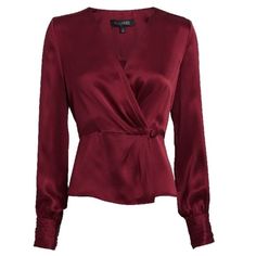 100% Silk, Button Front Wrap-Style Closure, Fit And Flare Silhouette, Quad Button Cuffs, Nwt Elegant Burgundy Blouse For Work, Elegant Burgundy Fall Blouse, Chic Burgundy Tops For Workwear, Chic Burgundy Blouse For Night Out, Fitted Burgundy Blouse For Work, Red Silk Blouse, Silk Wrap Top, Dark Red Color, Maroon Shirts