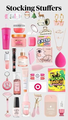 the contents of a woman's purse are shown in pink and white, including perfumes