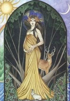 a painting of a woman in a yellow dress with deer and moon on the background