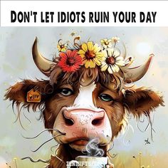 a brown and white cow with flowers on it's head drinking from a cup