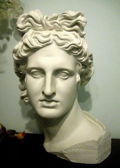 a statue of a woman's head on display in a museum