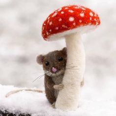 a small mouse standing on top of a mushroom