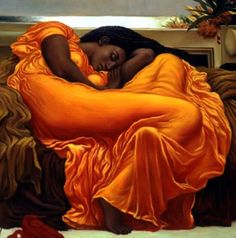 a painting of a woman in an orange dress sleeping on a couch with her eyes closed