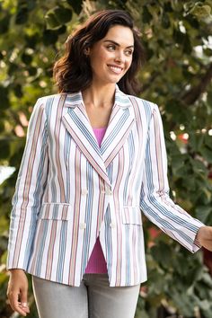 The Ricki double breasted blazer brings joyful vibrancy in Parallel Stripe. This jacket has a slightly relaxed fit and 4 button double breasted front with cut-away detail. Style #131J099 DETAILS Double breasted front button closure with cut-away Front flap pockets Wrinkle resistant CONTENT + CARE 65% Cotton, 32% Polyester, 3% Spandex Dry clean SIZE + FIT XS (0-2), S (4-6), M (8-10), L (12-14), XL (16-18) Length: Refer to Size Chart Model is 5'9 and wearing size S Breasted Blazer, Double Breasted Blazer, Flap Pocket, Double Breasted, Final Sale, Multi Color, Size Chart, Dry Clean, Relaxed Fit