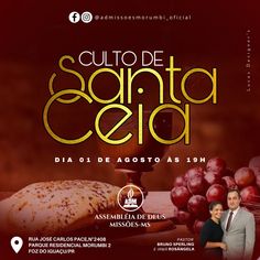 an advertisement for the event called culto de santita cera with two people standing in front of bread and grapes