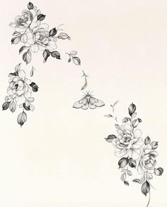 black and white drawing of flowers with butterflies flying over them on a light colored background