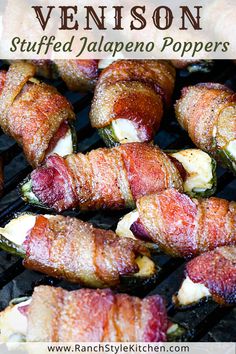 bacon wrapped stuffed jalapeno poppers on the grill with text overlay