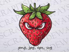 a drawing of a red strawberry with green leaves on it's head and eyes