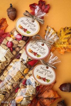 the happy fall gourmet treats are arranged on top of each other