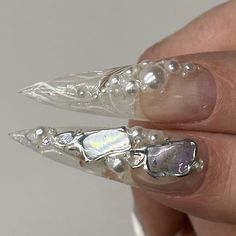 Siren Core Nails, Dark Siren Aesthetic Nails, Japanese Nail Designs Rhinestones, Pearl Nail Charms, Chrome Y2k Nails + Charms, Negative Space Nails, Broken Nails, Transparent Nails, Retro Nails