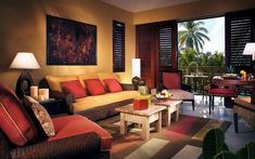 a living room filled with lots of furniture next to a window covered in shutters