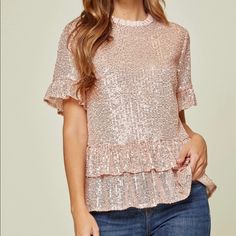 Nwt Andree By Unit Rose Gold Sequin Top W/ Ruffle Details! Tts Feminine Sequin Tops For Spring, Rose Gold Sequin Top, Gold Sequin Top, Butterfly Sleeve Blouse, Rainbow Leopard Print, Multi Color Blouse, Lace Sleeveless Top, Rose Gold Sequin, Floral Embroidered Top